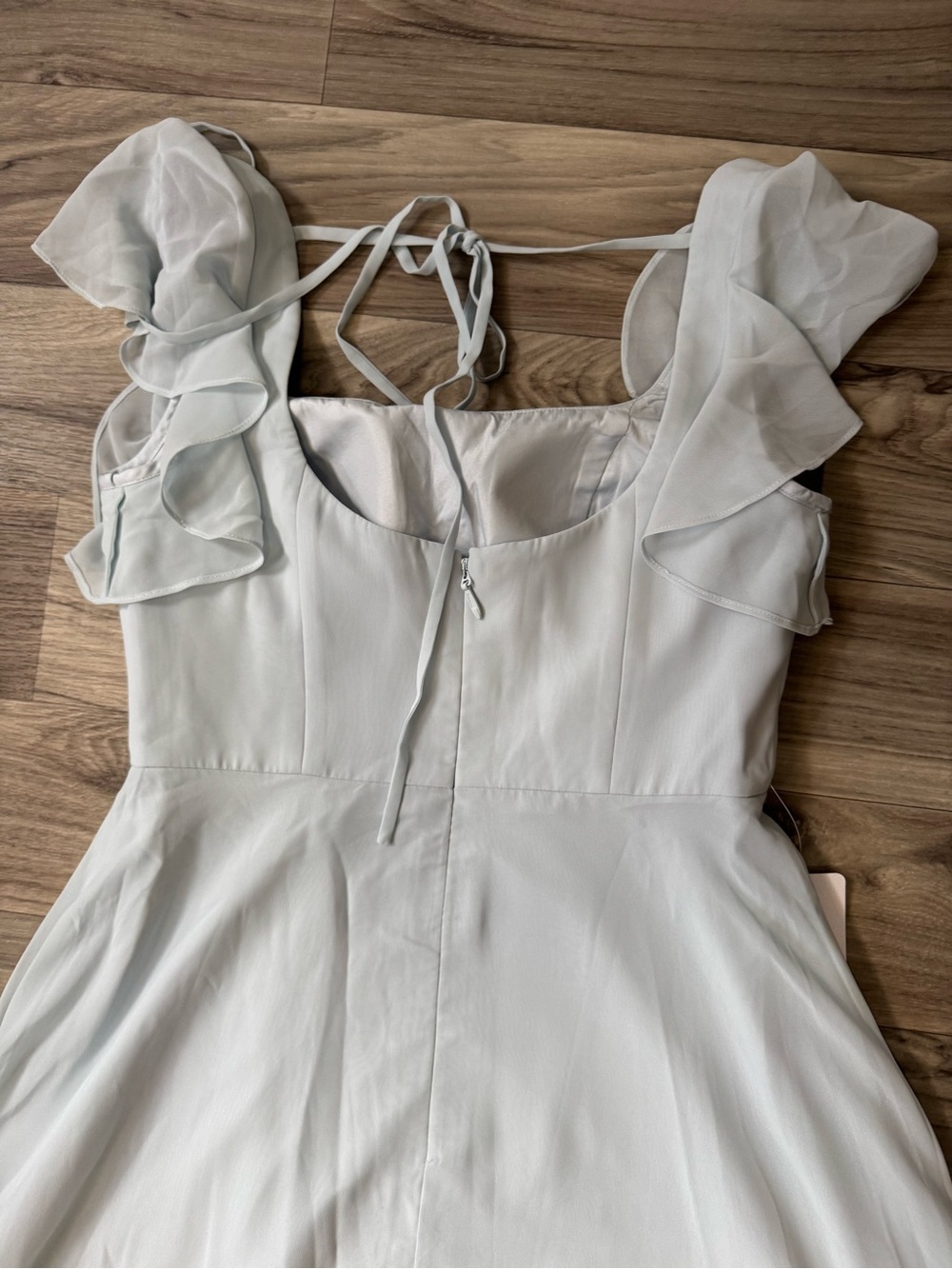 NWT Azazie Bondi Mist A-Line Ruffled Chiffon Maxi Dress Size 8 - Picture 7 of 10